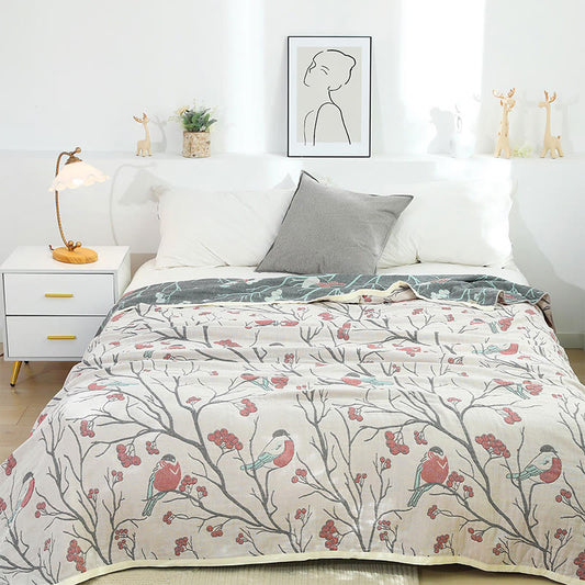 Hawthorn Tree Bird Cotton Reversible Quilt - Red - Queen - image 0