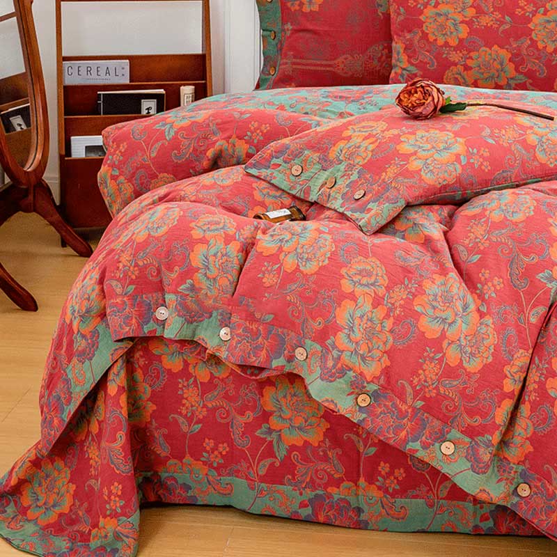 Flower Print Red Cotton Bedding Sets(4PCS) - image 4