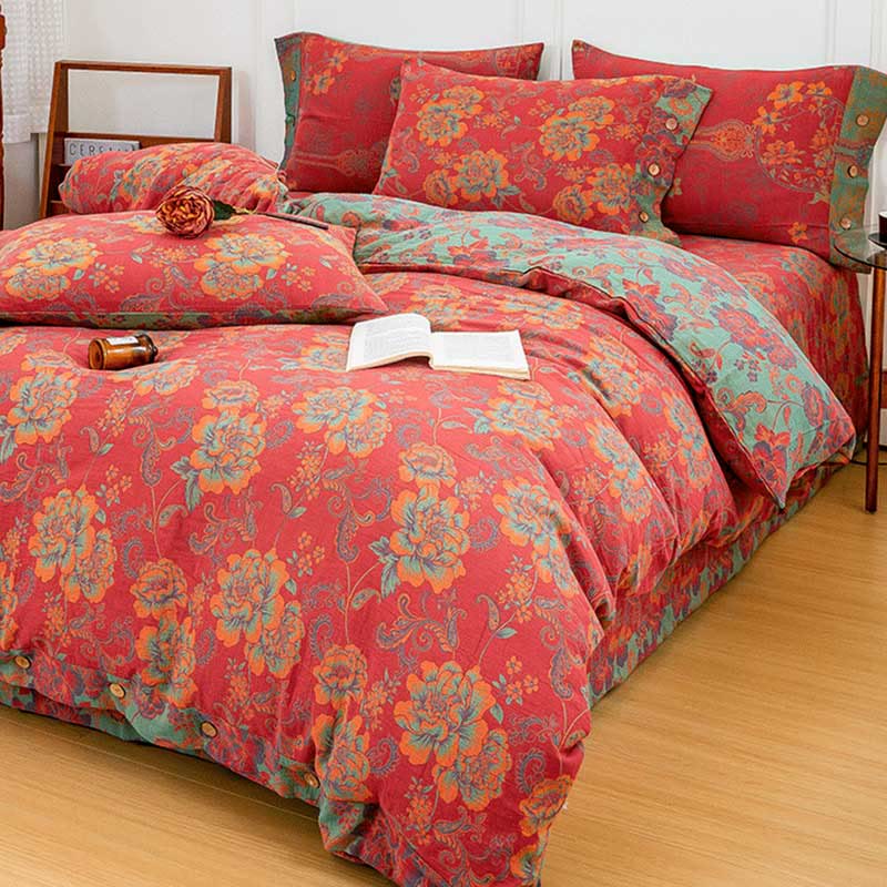 Flower Print Red Cotton Bedding Sets(4PCS) - image 1