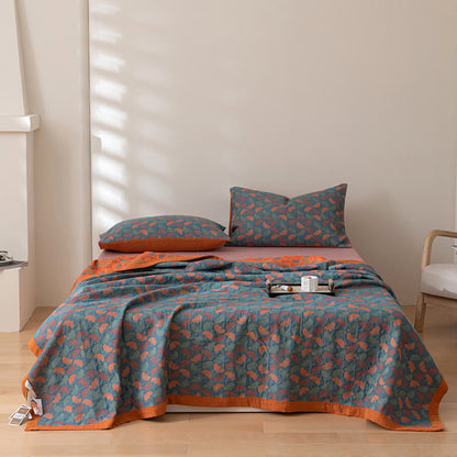 Pastoral Ginkgo Leaf Pattern Cotton Reversible Quilt - Blue & Orange - 2PCS Pillowcases - 19" × 29" - image 0