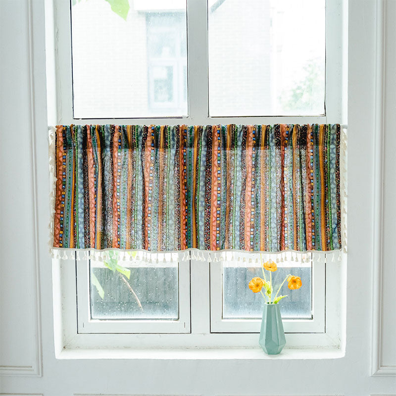 Colorful Plaid Pattern Tassel Tier Curtain - Yellow Green - Hook - 52"W x 96"L - image 10