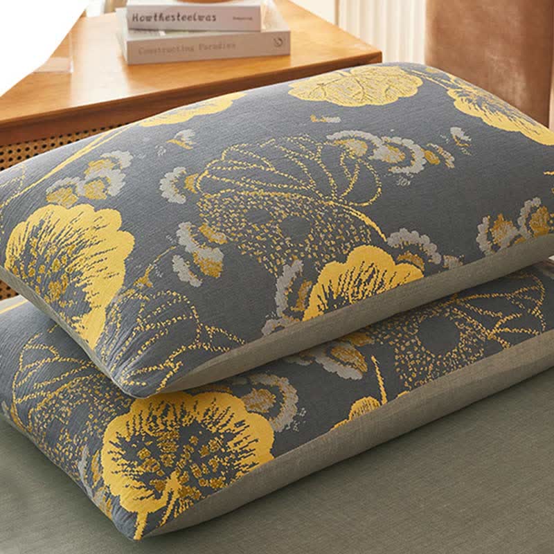Yellow Leaf Print Cotton Bedding Sets (4PCS) - Dark Grey & Yellow - 2pcs Pillowcases: 19" x 29" - image 3