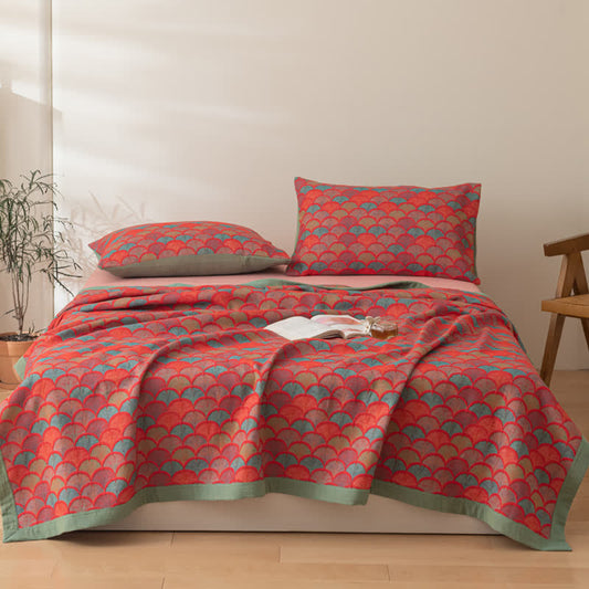 Brightful Fish Scales Cotton Reversible Quilt - Red & Green - 2PCS Pillowcases - 19" x 29" - image 0