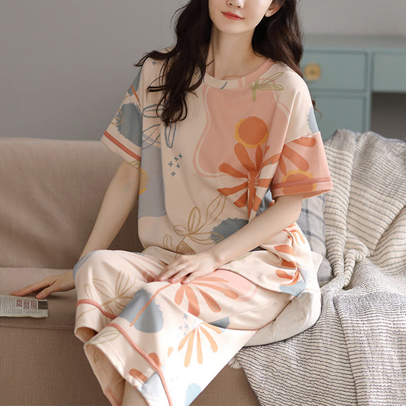 Flower Leaf Print Cotton Loungewear Set - image 1