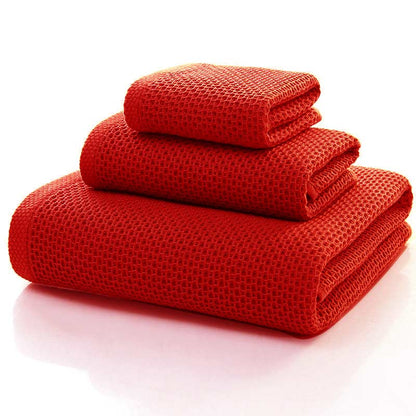 Ownkoti Simple Cotton Towel Honeycomb Weave Square Towel Set (3-Pack) - Red - 32cm*32cm+32cm*72cm+68cm*140cm - image 7