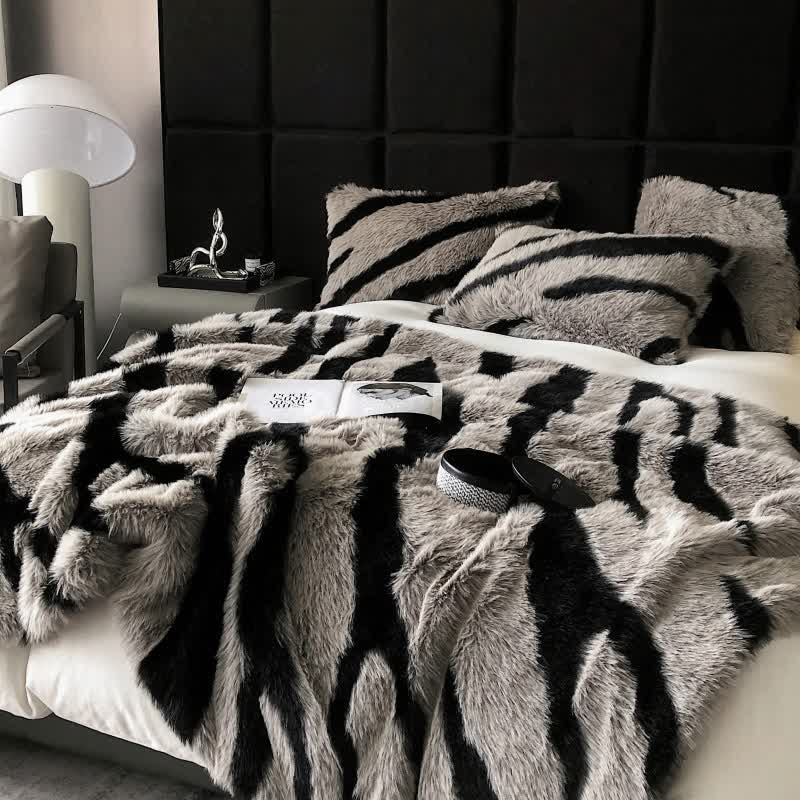 Modern Zebra Print Faux Fur Blanket - Gray & Black - Full - image 7