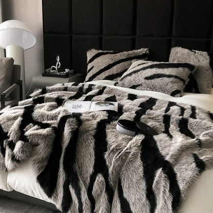 Modern Zebra Print Faux Fur Blanket - Gray & Black - Full - image 7