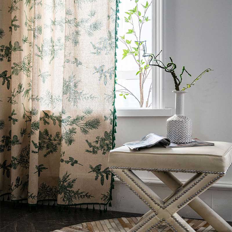 Green Pine Bird Pattern Tassel Curtain - image 5