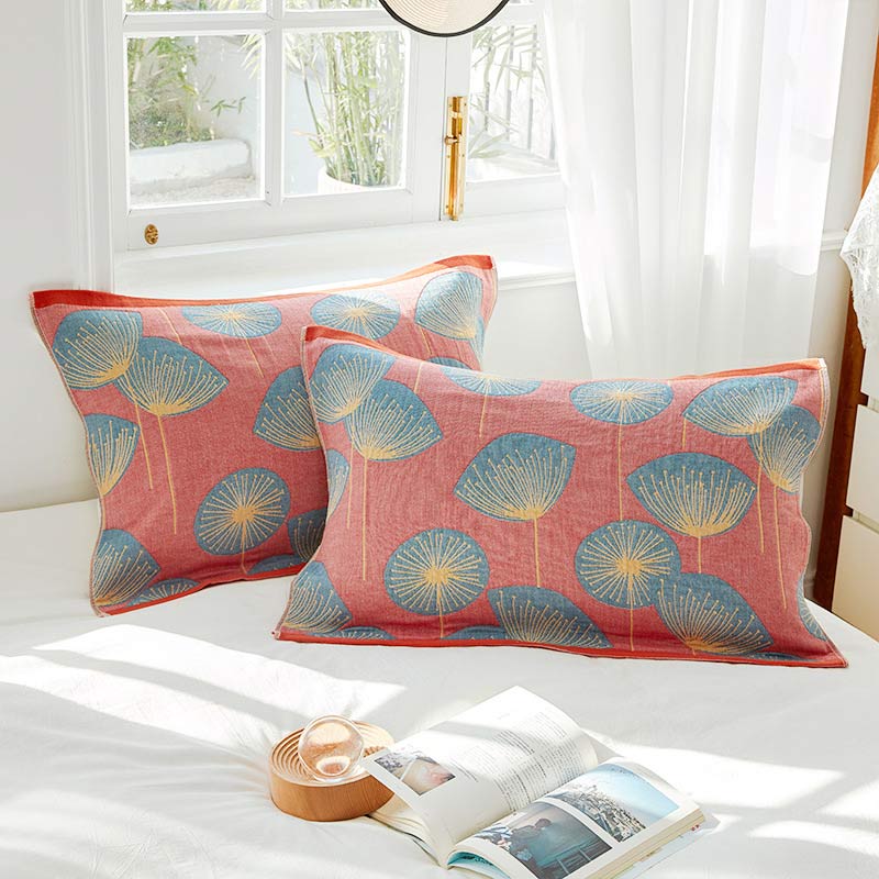 Dandelion Print Cotton Gauze Pillow Towel (2PCS) - Red - 52cm x 75cm - image 3