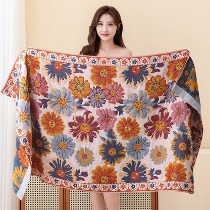 Bright Flower Soft Cotton Bath Towel - White & Orange - 80cm x 160cm - image 0