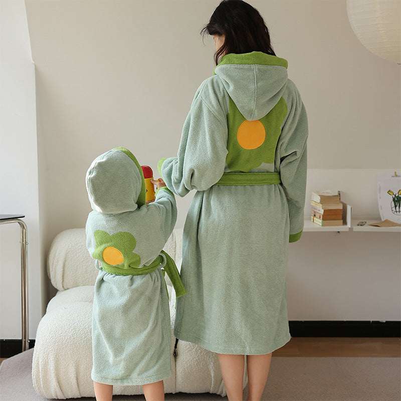 Flower Colorblock Cotton Hooded Bathrobe - Green - Adult: L - image 7