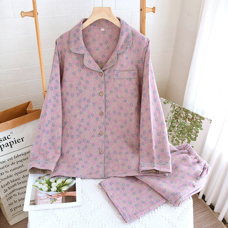 Pure Cotton Jacquard Leaf Pajama Set - Purple - XL - image 1