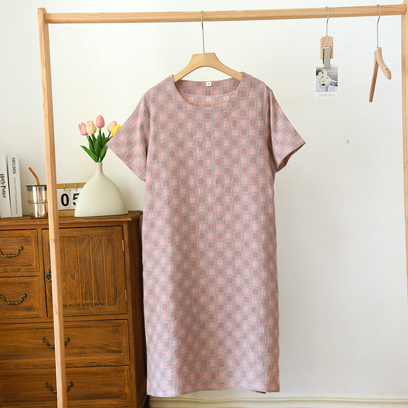 Pure Cotton Yarn-dyed Jacquard Nightdress - Pink - XL - image 3
