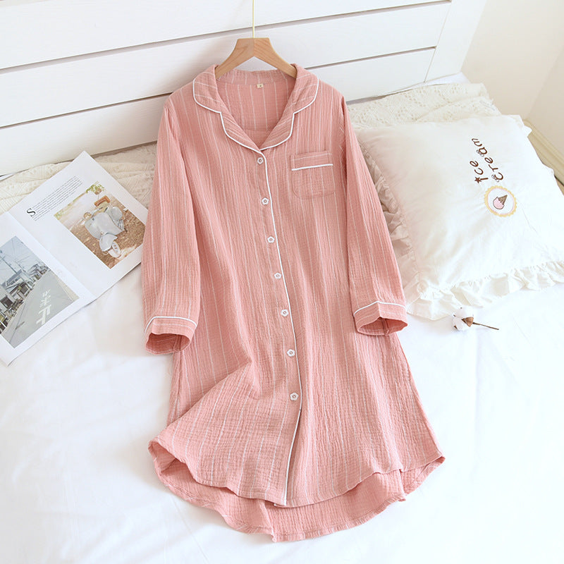 Solid Color Striped Lapel Nightdress - Pink - L - image 1