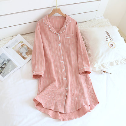 Solid Color Striped Lapel Nightdress - Pink - L - image 1