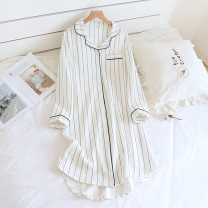 Solid Color Striped Lapel Nightdress - White - L - image 8