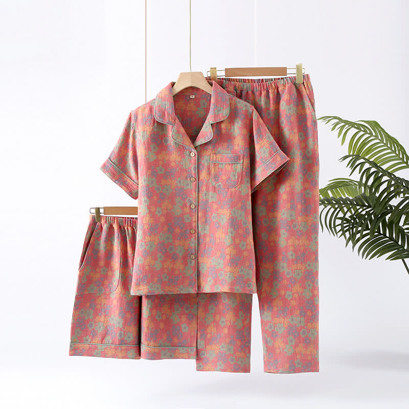 Cotton Gauze Short Sleeve Pajama Set(3PCS) - Dark Pink & Green - XL - image 0