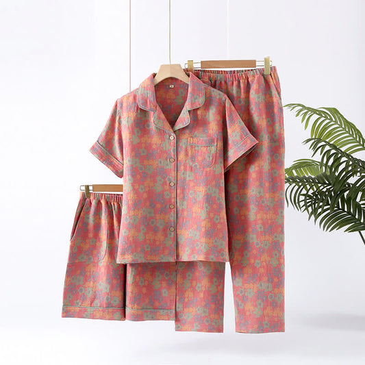 Cotton Gauze Short Sleeve Pajama Set(3PCS) - Dark Pink & Green - XL - image 0