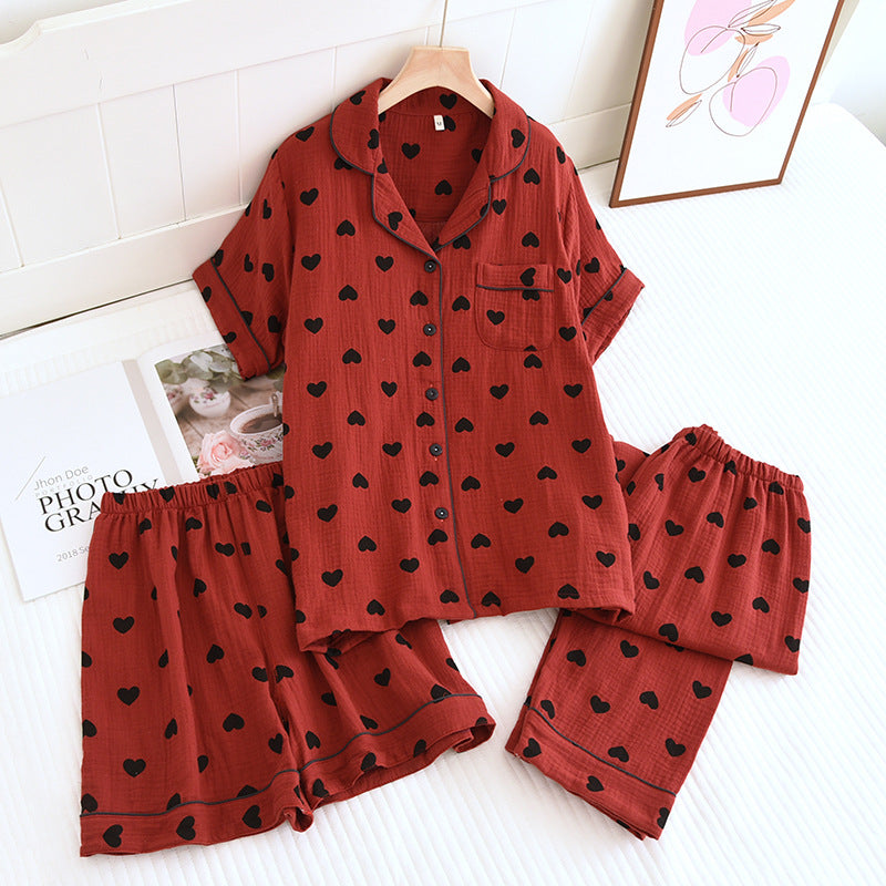 Heart Print Pure Cotton Pajama Set(3PCS) - Red - XL - image 1