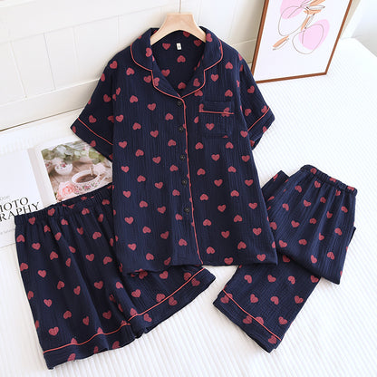 Heart Print Pure Cotton Pajama Set(3PCS) - Navy Blue - XL - image 8