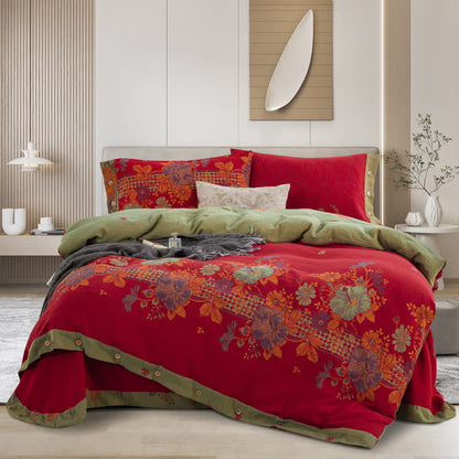 Pure Cotton Floral Button Bedding Sets (4PCS) - Red & Green - King - image 0
