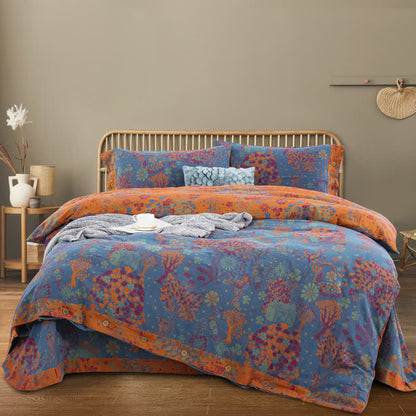 Natural Cotton Gauze Button Bedding Sets (4PCS) - Blue & Orange - King - image 2