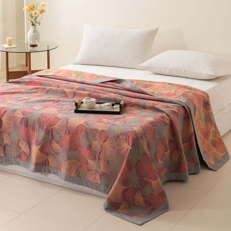 Ginkgo Leaf Three Layers Cotton Gauze Quilt - Quilt - Purple & Pink - Cal King - image 7