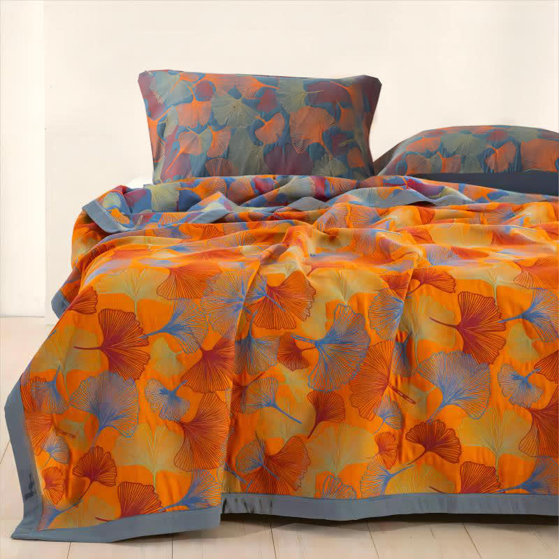 Ginkgo Leaf Three Layers Cotton Gauze Quilt - Quilt with 2pcs Pillowcases - Dark Blue & Orange - King - image 0