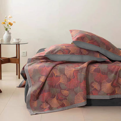 Ginkgo Leaf Three Layers Cotton Gauze Quilt - Quilt with 2pcs Pillowcases - Purple & Pink - Cal King - image 8