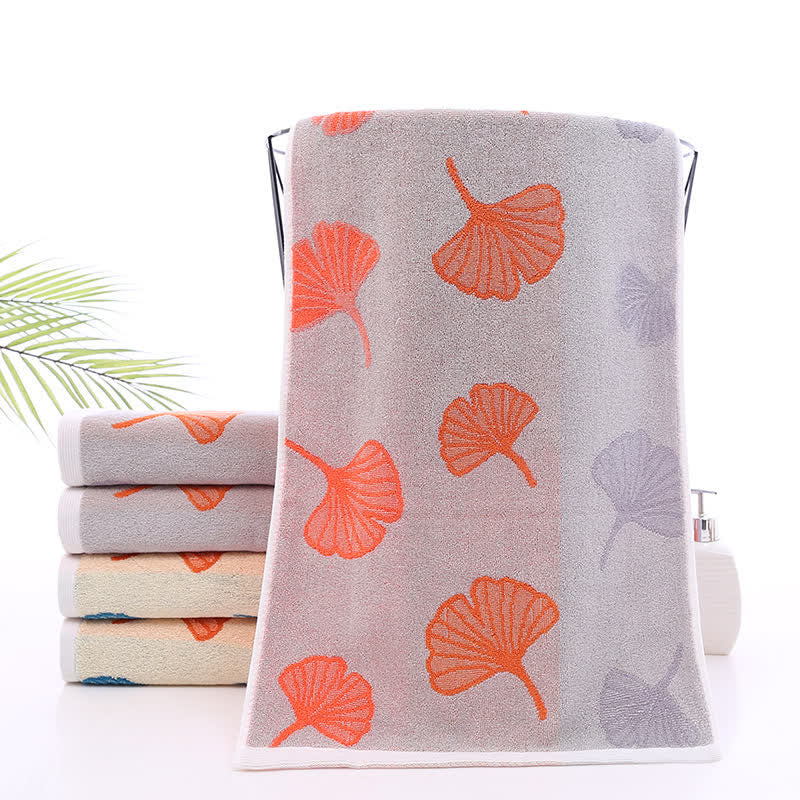 Pure Cotton Ginkgo Leaf Soft Towel - Gray & Orange - 35cm x 75cm - image 3