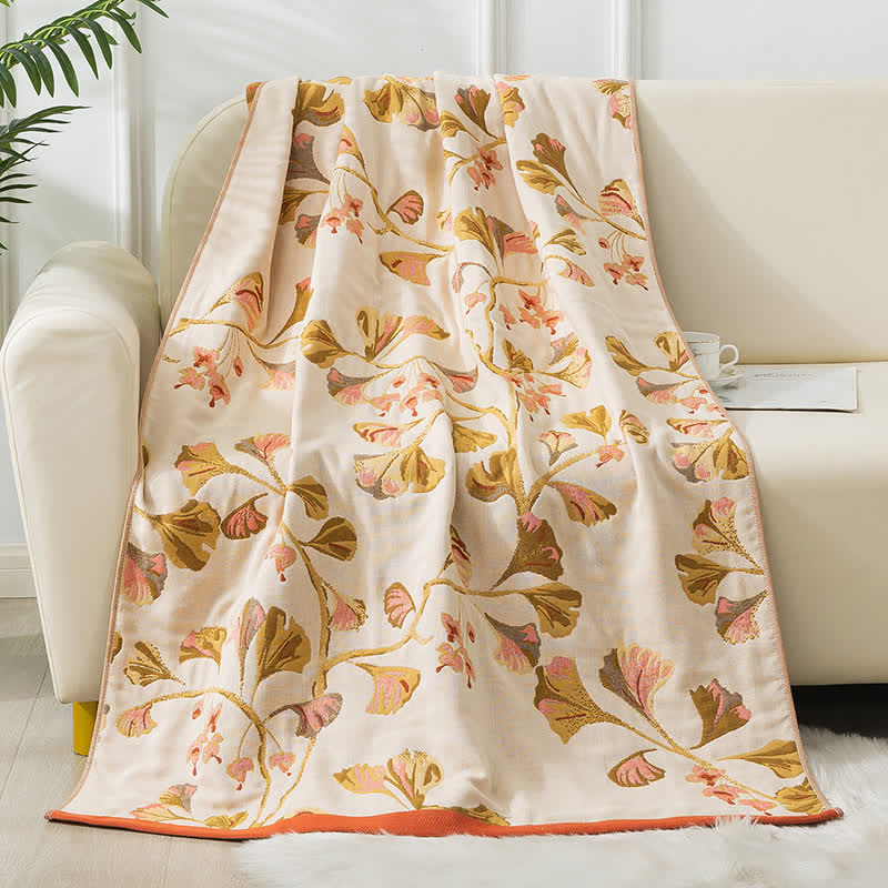 Cotton Gauze Ginkgo Leaf Bath Towel - Beige & Orange - 90cm x 180cm - image 1