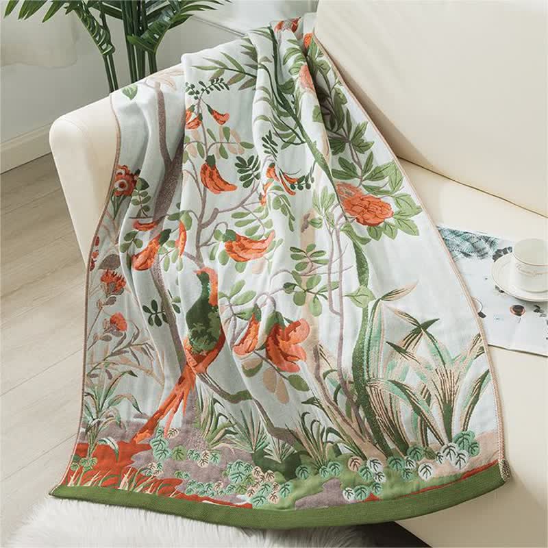 Floral Four Layers Gauze Bath Towel - Beige & Green - 90cm x 180cm - image 2