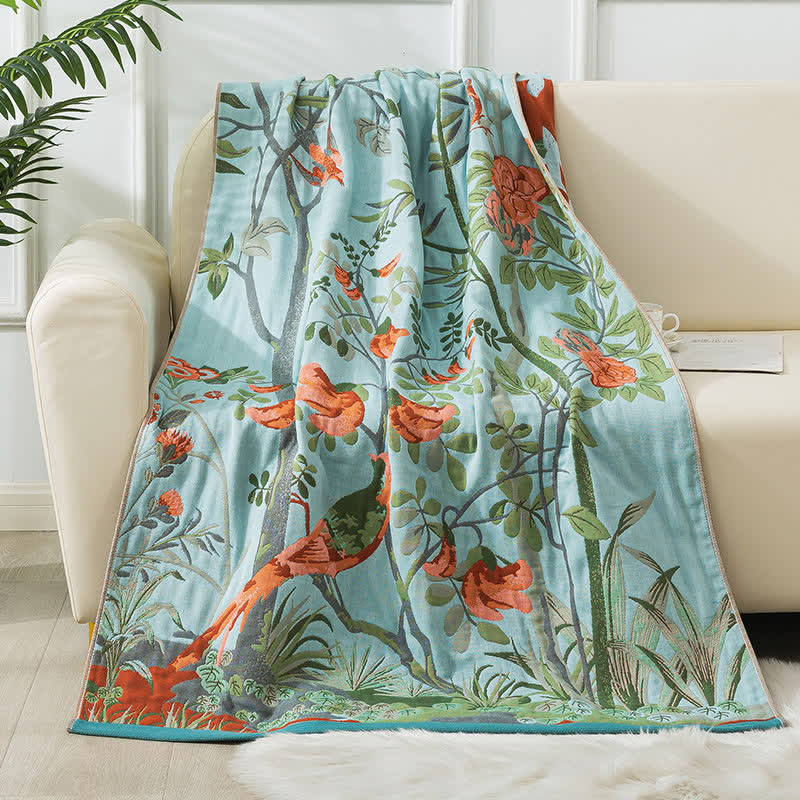 Floral Four Layers Gauze Bath Towel - Blue & Green - 90cm x 180cm - image 0