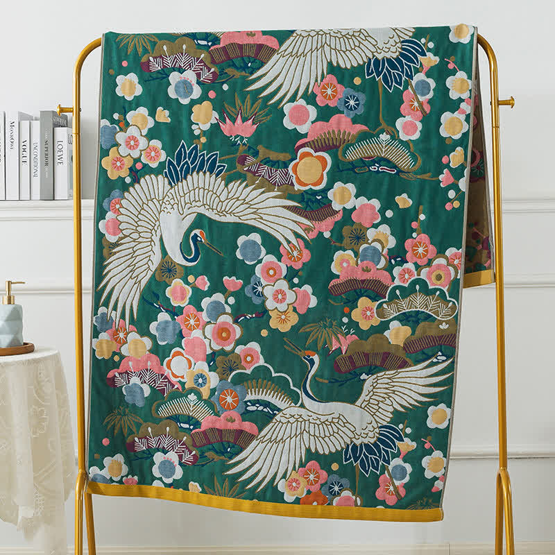 Cotton Gauze Flower & Bird Soft  Bath Towel - Dark Green & White - 90cm x 180cm - image 1