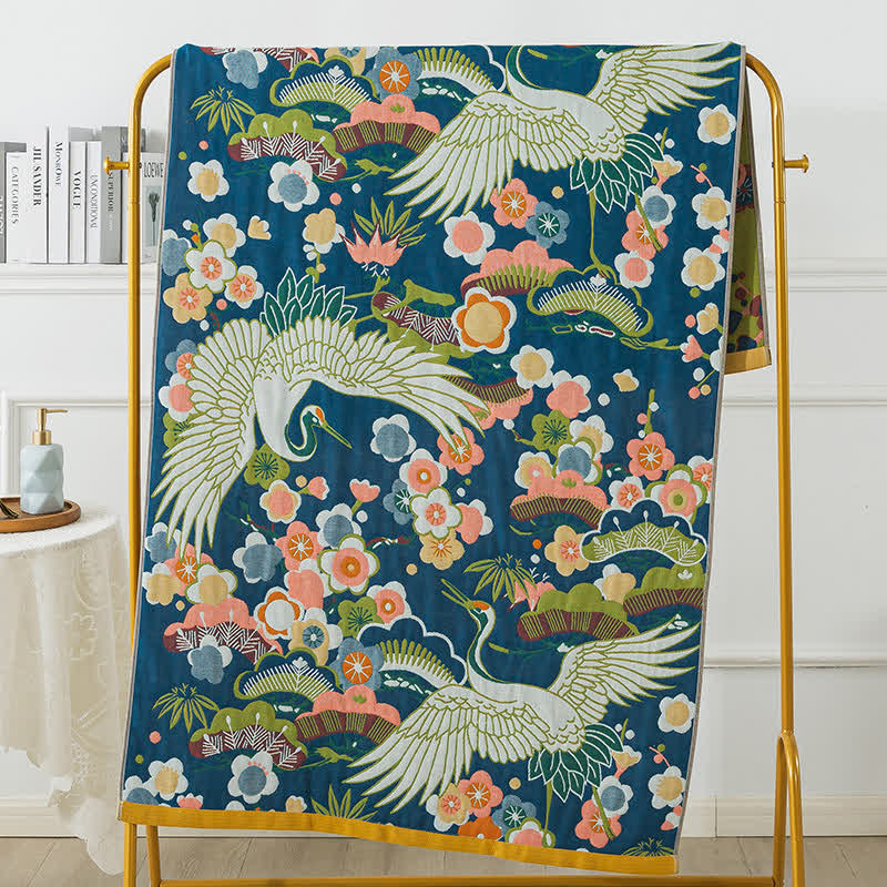 Cotton Gauze Flower & Bird Soft  Bath Towel - Dark Blue & Green - 90cm x 180cm - image 0