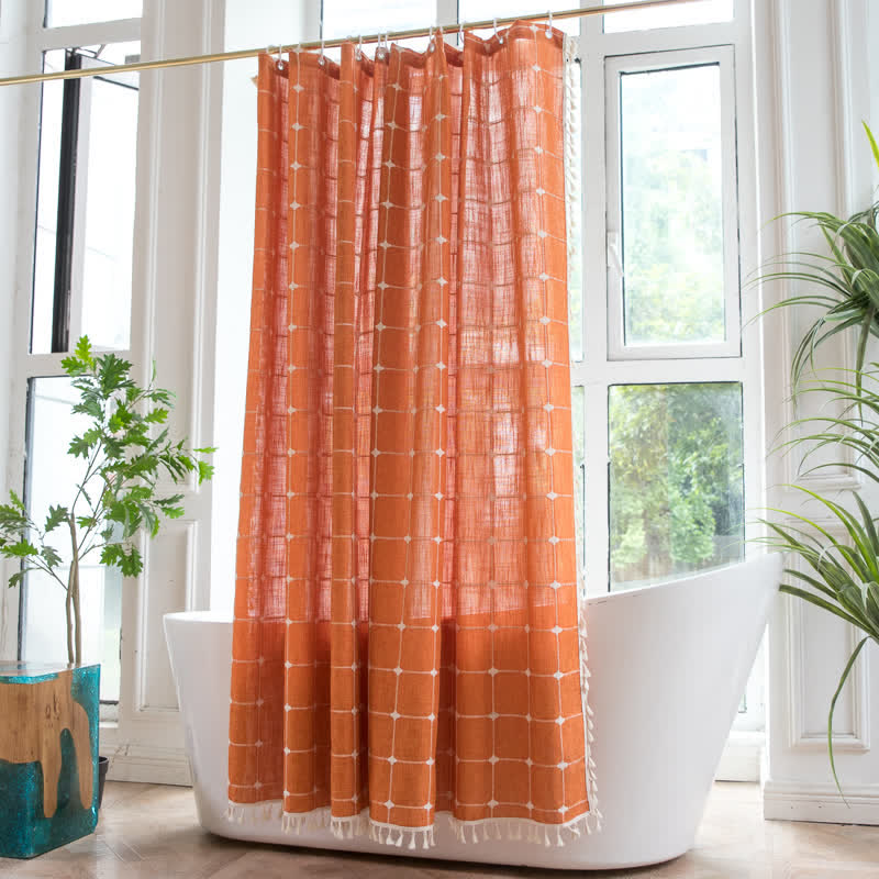 Plaid Cotton Linen Farmhouse Shower Curtain - Orange - 72"W x 96"L - image 0