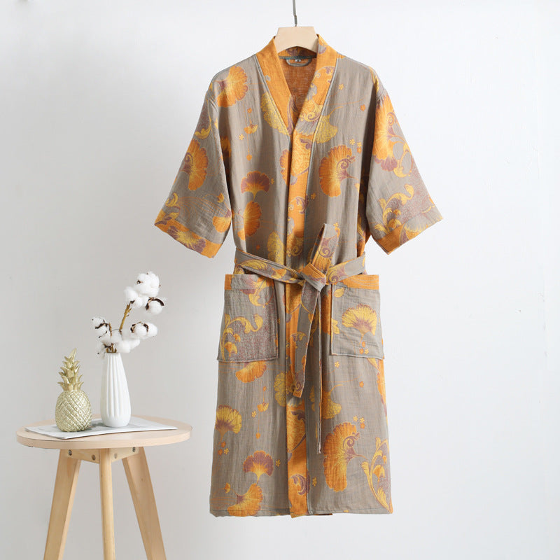 Pure Cotton Gauze Breathable Robe - Gray & Yellow - L - image 0