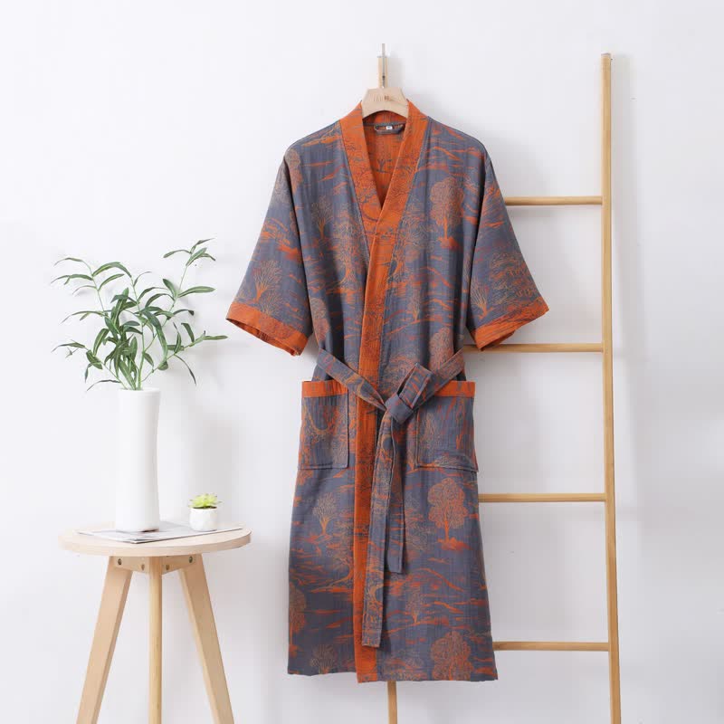 Cotton Gauze Natural Style Lightweight Robe - Haze Blue & Orange - L - image 0