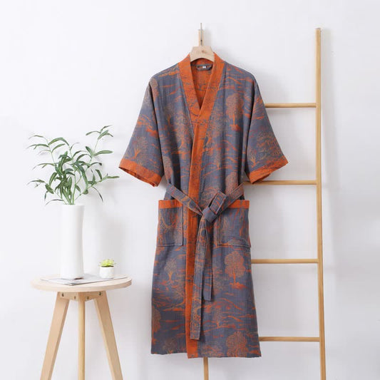 Cotton Gauze Natural Style Lightweight Robe - Haze Blue & Orange - L - image 0