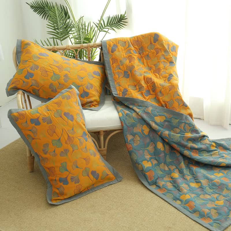Ginkgo Leaf Pattern Cotton Reversible Quilt - image 5