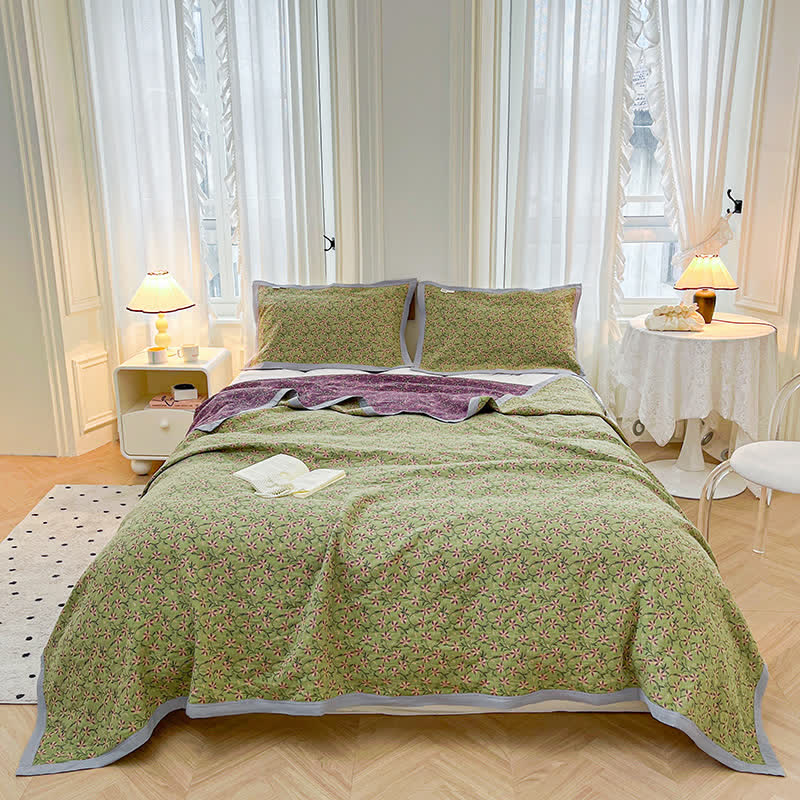 Blooming Flower Pure Cotton Quilted Coverlet - 2PCS Pillowcases - Green - 19" x 29"  - image 4