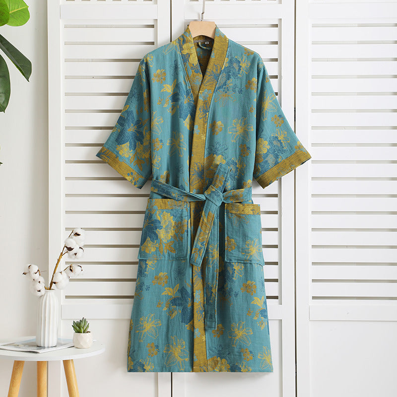 Floral Cotton Gauze Short Sleeve V-neck Robe - Green Lake - XL - image 0