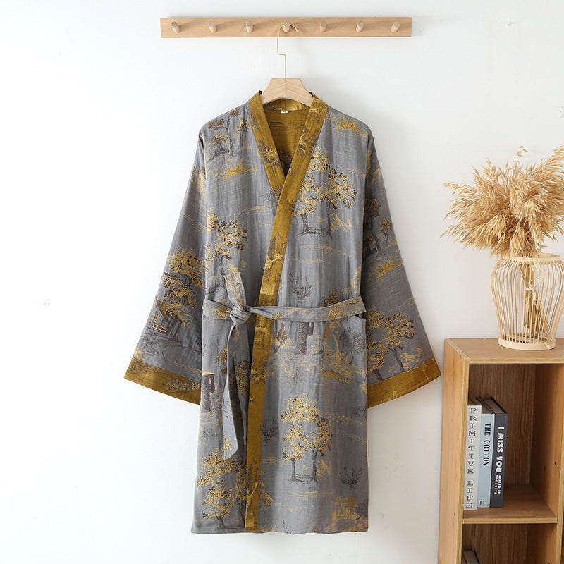 Pure Cotton Breathable Retro Kimono Bathrobe - Gray & Mustard Green - XL - image 2