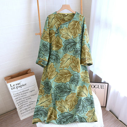 Yarn-dyed Leaves Cotton Loungewear Set - Nightgown - Green & Yellow - XL - image 10