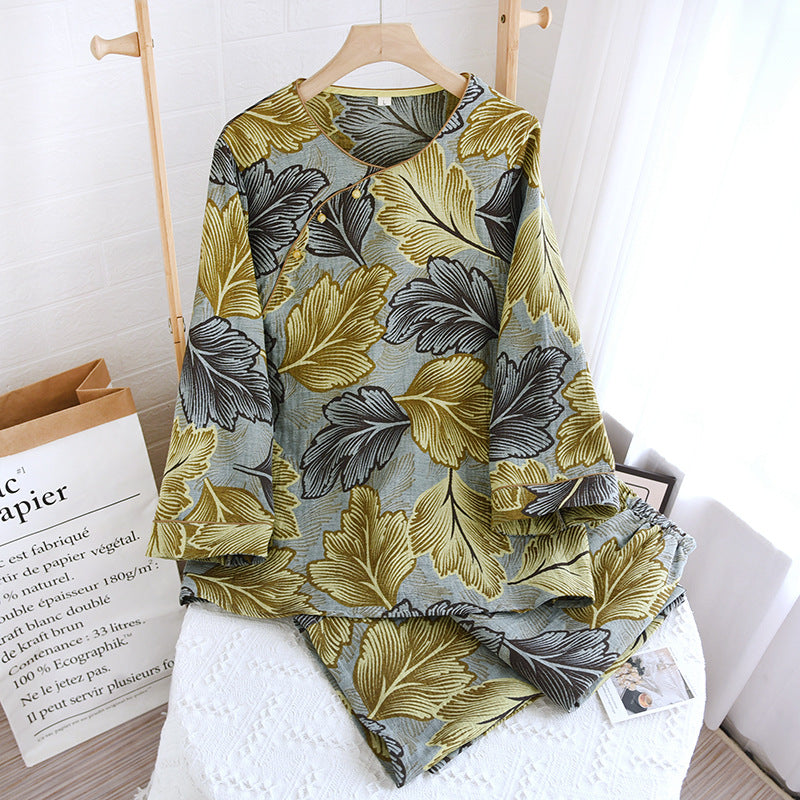 Yarn-dyed Leaves Cotton Loungewear Set - Nightwear Set - Gray & Yellow - XL - image 7