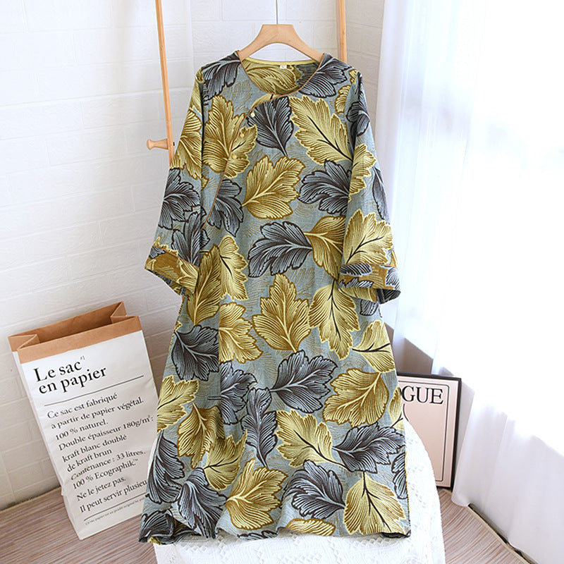 Yarn-dyed Leaves Cotton Loungewear Set - Nightgown - Gray & Yellow - XL - image 11