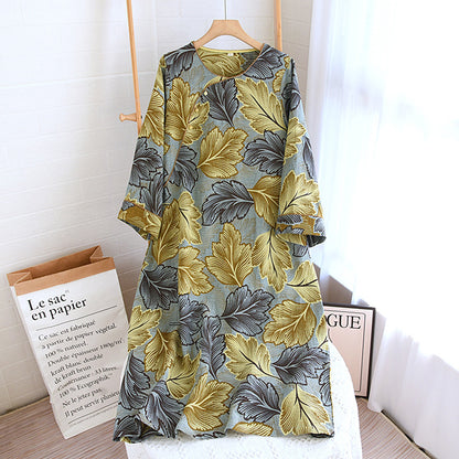 Yarn-dyed Leaves Cotton Loungewear Set - Nightgown - Gray & Yellow - XL - image 11