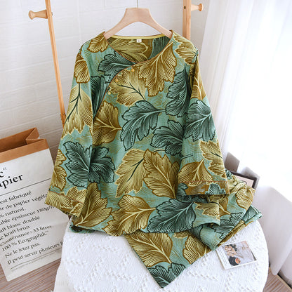 Yarn-dyed Leaves Cotton Loungewear Set - Nightwear Set - Green & Yellow - XL - image 2
