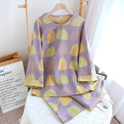 Pure Cotton Pastoral Pumpkin Pajama Set  - Nightwear Set - Light Purple & Yellow - XL - image 7