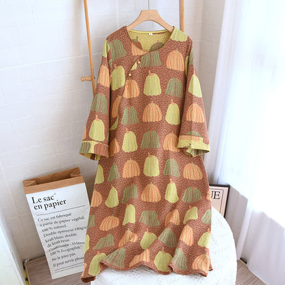 Pure Cotton Pastoral Pumpkin Pajama Set  - Nightgown - Brown & Green - XL - image 14
